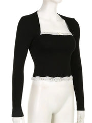 Vintage Spring Fall Lace Patchwork Long Sleeve Square Neck Slim Fit Streetwear New Tee