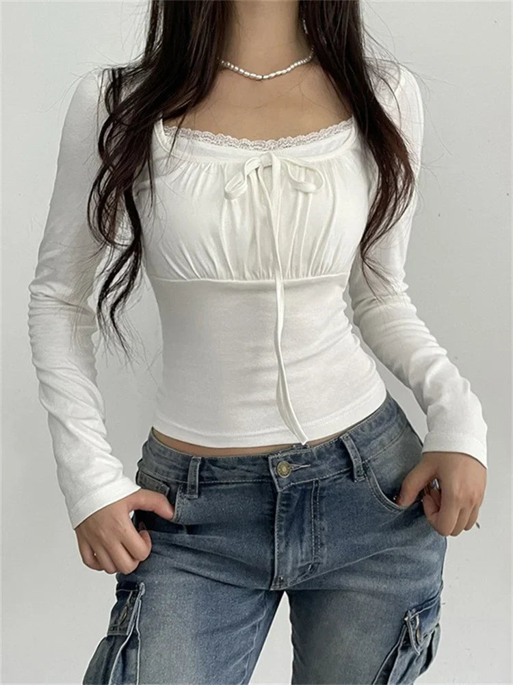 Vintage Spring Fall Square Neck Ruched Basic Fashion White Long Sleeve Lace Trim Tie Up Tee