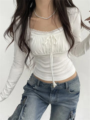 Vintage Spring Fall Square Neck Ruched Basic Fashion White Long Sleeve Lace Trim Tie Up Tee