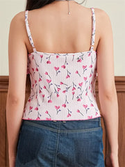 Heart Print Spaghetti Strap Ruffles Ruched Slim Fit Square Neck Cami Top