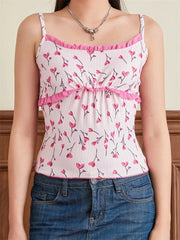 Heart Print Spaghetti Strap Ruffles Ruched Slim Fit Square Neck Cami Top