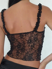 Vintage Summer Fashion Sleeveless Strap Lace Floral Cropped Mini V-neck Ruffles Elegant Charming Classic Cami Top