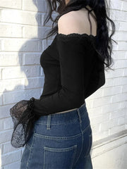 Vintage Summer Fashion Lace Trim Long Flared Sleeve Off Shoulder Slash Neck Black Tee