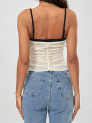 Mesh Sleeveless Strap Ruched Contrast Color Streetwear Cami Top
