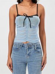Mesh Sleeveless Strap Ruched Contrast Color Streetwear Cami Top