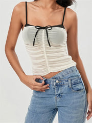 Mesh Sleeveless Strap Ruched Contrast Color Streetwear Cami Top