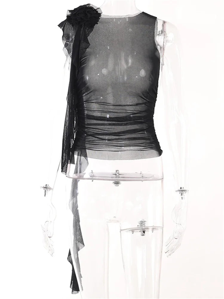3D Flower Mesh Sheer Ruffles Tassels See Through Sleeveless Spaghetti Strap Camis Y2K Clothes Crop Tops