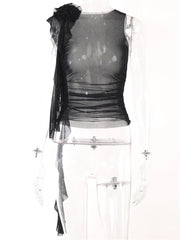 3D Flower Mesh Sheer Ruffles Tassels See Through Sleeveless Spaghetti Strap Camis Y2K Clothes Crop Tops