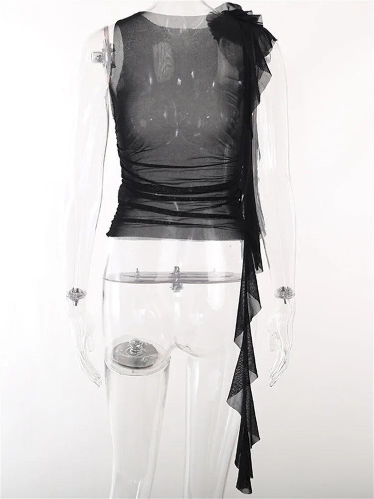 3D Flower Mesh Sheer Ruffles Tassels See Through Sleeveless Spaghetti Strap Camis Y2K Clothes Crop Tops