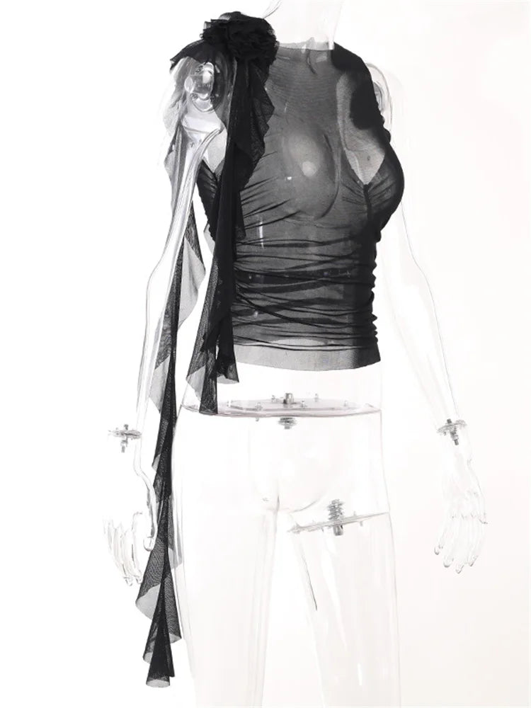 3D Flower Mesh Sheer Ruffles Tassels See Through Sleeveless Spaghetti Strap Camis Y2K Clothes Crop Tops
