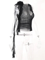 3D Flower Mesh Sheer Ruffles Tassels See Through Sleeveless Spaghetti Strap Camis Y2K Clothes Crop Tops