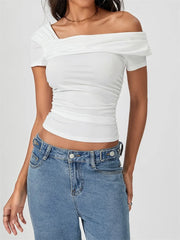 Asymmetrical Neck Solid Color Off Shoulder Short Sleeve Ruched Casual Streetwear Tee