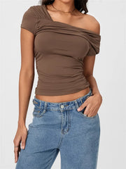 Asymmetrical Neck Solid Color Off Shoulder Short Sleeve Ruched Casual Streetwear Tee