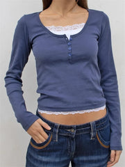 Autumn Y2K Lace Patchwork Long Sleeve Fairy Grunge Vintage Aesthetic Slim Fit Harajuku Tees