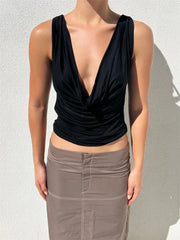 Backless Vest Summer  Sleeveless Deep V-neck Low Cut Ruched Tank Party Club Casual Tank Crop Tops