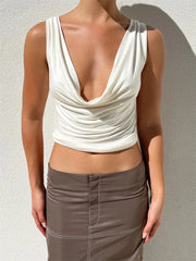 Backless Vest Summer  Sleeveless Deep V-neck Low Cut Ruched Tank Party Club Casual Tank Crop Tops