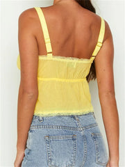 Basic Ruffles Lace Trim Casual Sleeveless Strap Tie-up Tank Streetwear Clubwear Crop Tops