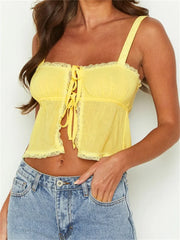 Basic Ruffles Lace Trim Casual Sleeveless Strap Tie-up Tank Streetwear Clubwear Crop Tops