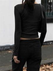 Basic Solid Color Asymmetrical Neck Ruched Long Sleeve Casual Pullovers Club Streetwear Tee