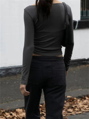 Basic Solid Color Asymmetrical Neck Ruched Long Sleeve Casual Pullovers Club Streetwear Tee