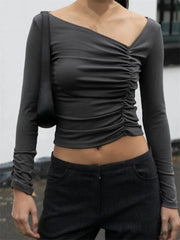 Basic Solid Color Asymmetrical Neck Ruched Long Sleeve Casual Pullovers Club Streetwear Tee