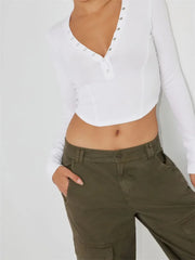 Basic Solid Color Deep V Neck Long Sleeve Buttons Up Casual Pullovers Club Streetwear Tee
