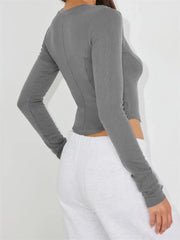 Basic Solid Color Deep V Neck Long Sleeve Buttons Up Casual Pullovers Club Streetwear Tee