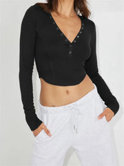Basic Solid Color Deep V Neck Long Sleeve Buttons Up Casual Pullovers Club Streetwear Tee