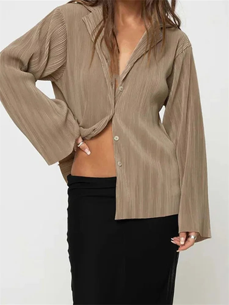 WomenButton Down Solid Color Pleated V-neck Long Sleeve Loose Cardigan Streetwear Blouse