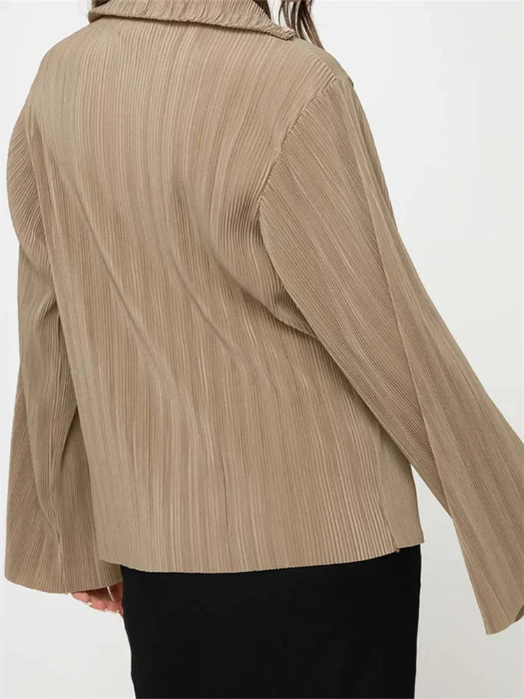 WomenButton Down Solid Color Pleated V-neck Long Sleeve Loose Cardigan Streetwear Blouse