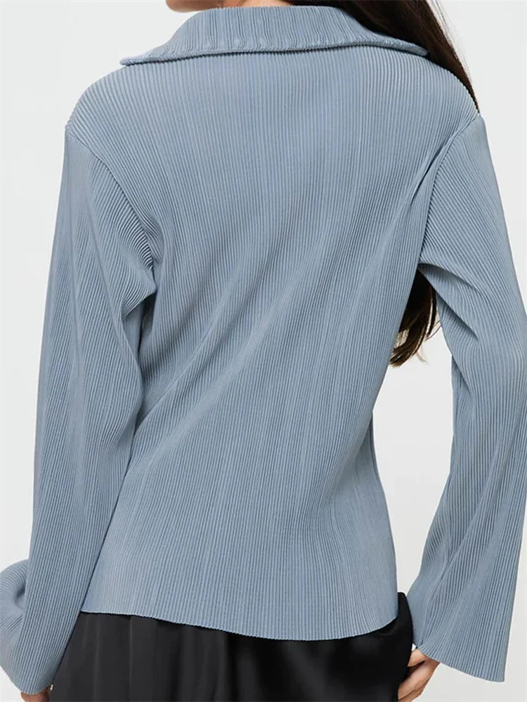 WomenButton Down Solid Color Pleated V-neck Long Sleeve Loose Cardigan Streetwear Blouse