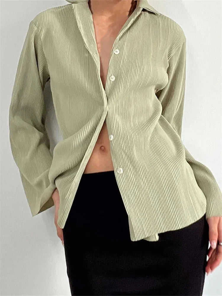 WomenButton Down Solid Color Pleated V-neck Long Sleeve Loose Cardigan Streetwear Blouse