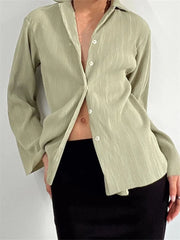 WomenButton Down Solid Color Pleated V-neck Long Sleeve Loose Cardigan Streetwear Blouse