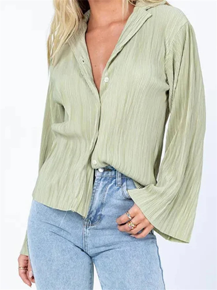 WomenButton Down Solid Color Pleated V-neck Long Sleeve Loose Cardigan Streetwear Blouse