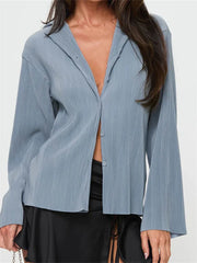 WomenButton Down Solid Color Pleated V-neck Long Sleeve Loose Cardigan Streetwear Blouse