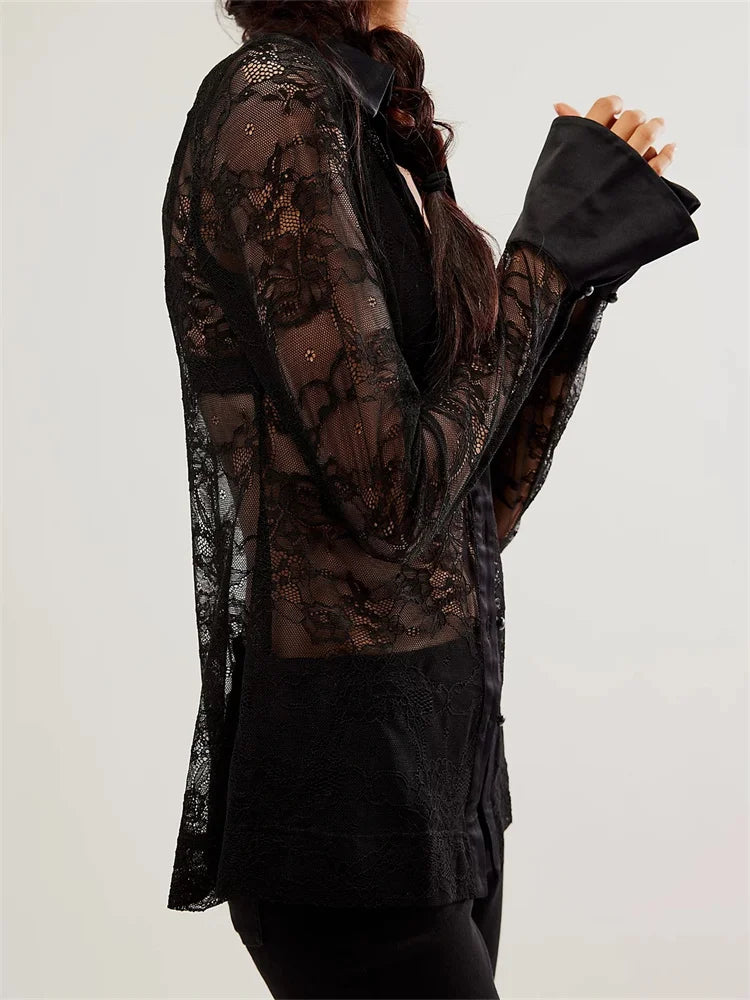 WomenButton Down Mesh See Through Patchwork Turn-Down Collar Long Sleeve Casual Blouse