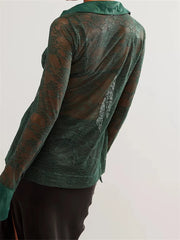 WomenButton Down Mesh See Through Patchwork Turn-Down Collar Long Sleeve Casual Blouse
