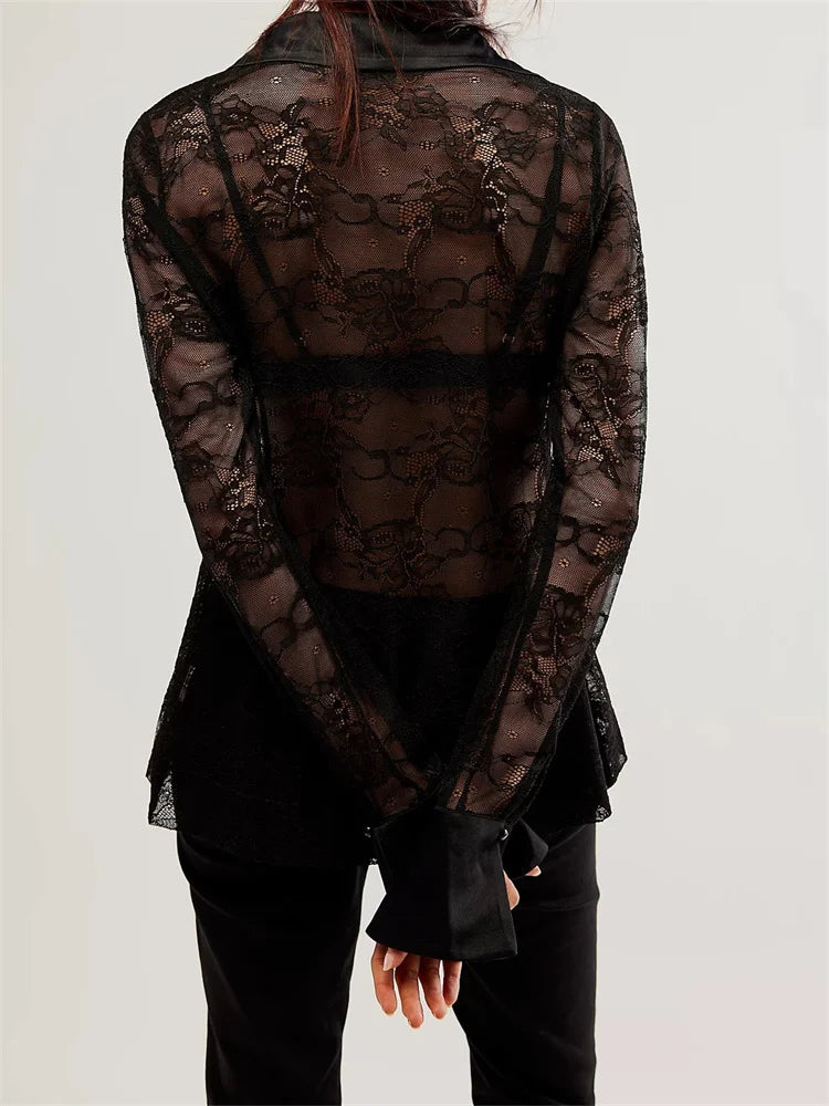 WomenButton Down Mesh See Through Patchwork Turn-Down Collar Long Sleeve Casual Blouse