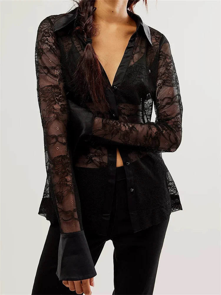 WomenButton Down Mesh See Through Patchwork Turn-Down Collar Long Sleeve Casual Blouse
