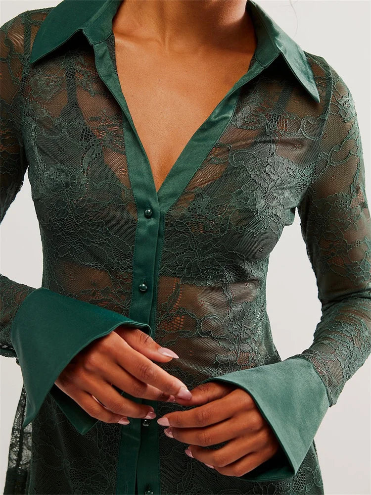 WomenButton Down Mesh See Through Patchwork Turn-Down Collar Long Sleeve Casual Blouse