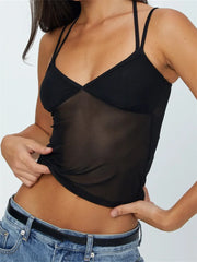 Sleeveless Strap Crop V-neck Backless Patchwork Slim Fit Summer Mesh See Through Elegant Gorgeous Stylish Cami Top