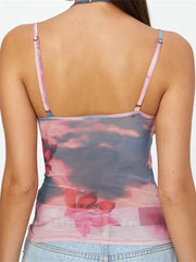 Sleeveless Strap Crop V-neck Backless Patchwork Slim Fit Summer Mesh See Through Elegant Gorgeous Stylish Cami Top