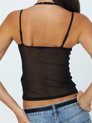 Sleeveless Strap Crop V-neck Backless Patchwork Slim Fit Summer Mesh See Through Elegant Gorgeous Stylish Cami Top