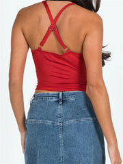V Neck Sleeveless Backless Ruched Criss-Cross Adjustable Strap Crop Summer Tank Cami Top