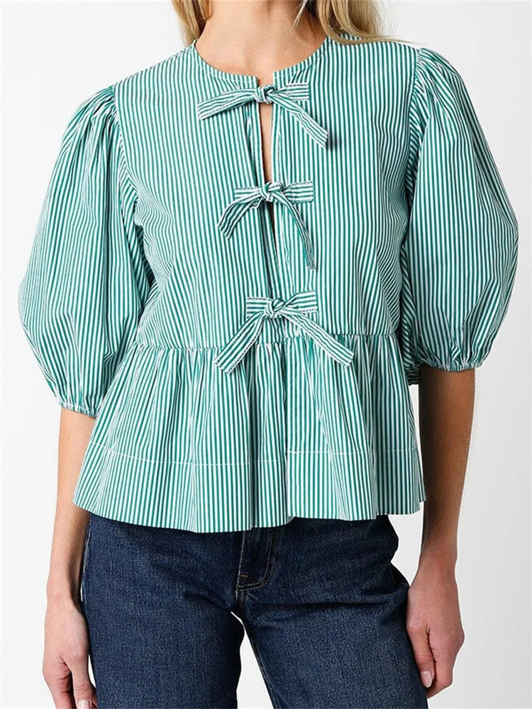 WomenFront Split Bowknot Tie-up Short Puff Sleeve Round Neck Loose Ruffles Blouse