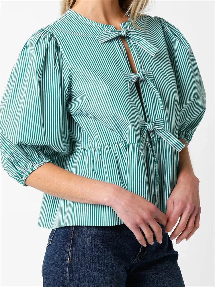 WomenFront Split Bowknot Tie-up Short Puff Sleeve Round Neck Loose Ruffles Blouse