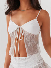Lace Crop Summer Sleeveless Spaghetti Strap Front Split Tie-up V-neck See Through Mini Lovely Chic Cami Top