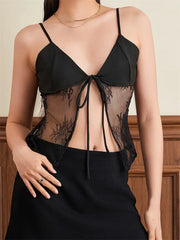 Lace Crop Summer Sleeveless Spaghetti Strap Front Split Tie-up V-neck See Through Mini Lovely Chic Cami Top