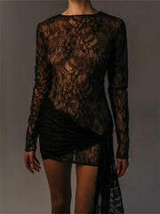 Lace Floral Mesh Sheer Bodycon Mini Dress