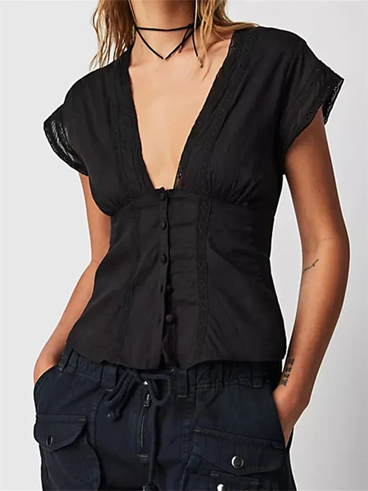 V Neck Low Cut Sleeveless Retro Solid Summer Slim Fit Lace Patchwork Button Down Cami Top